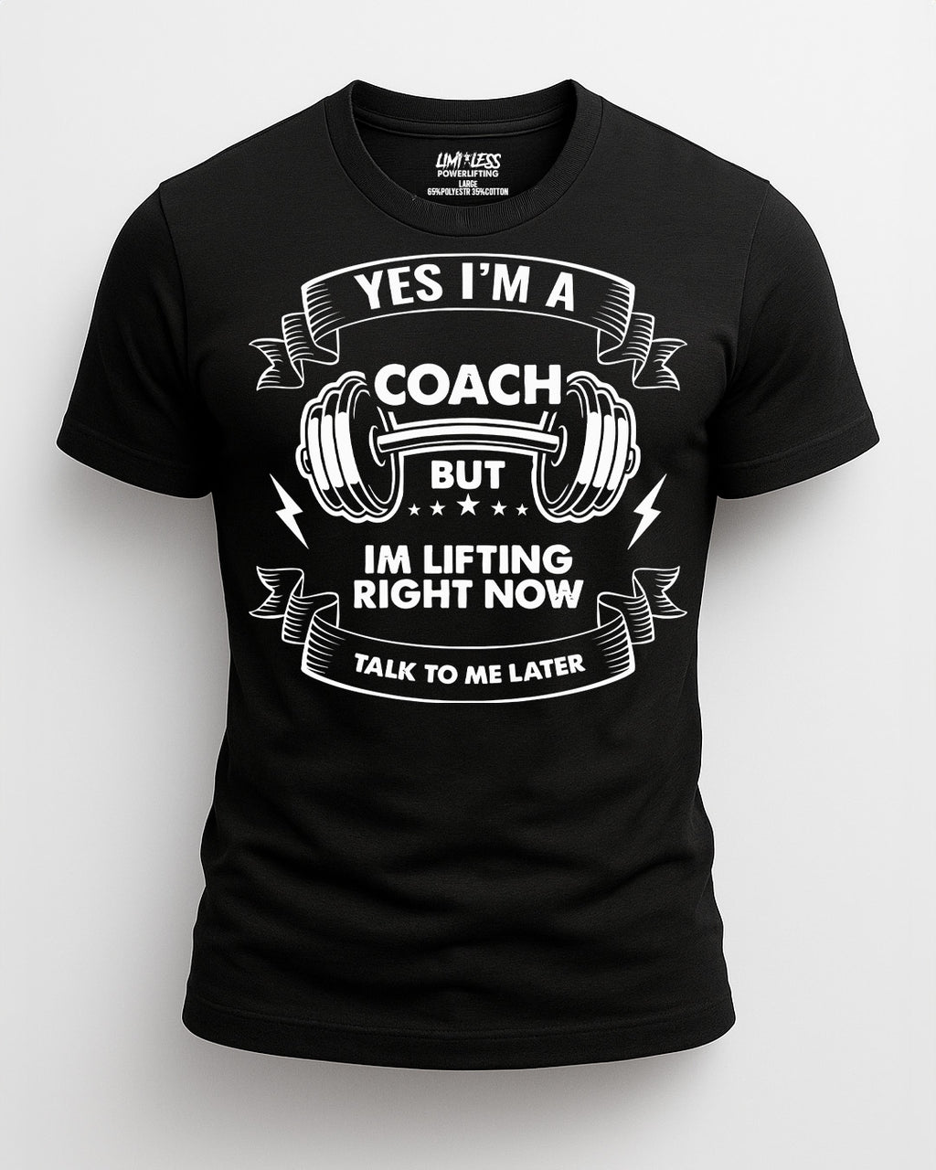 Black t-shirt with white text and graphic of a coach lifting weights on a white background