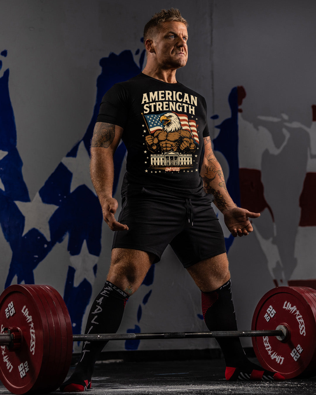 American Strength Gym Shirt | Limitless Powerlifting Patriotic Workout Tee | USA image 2