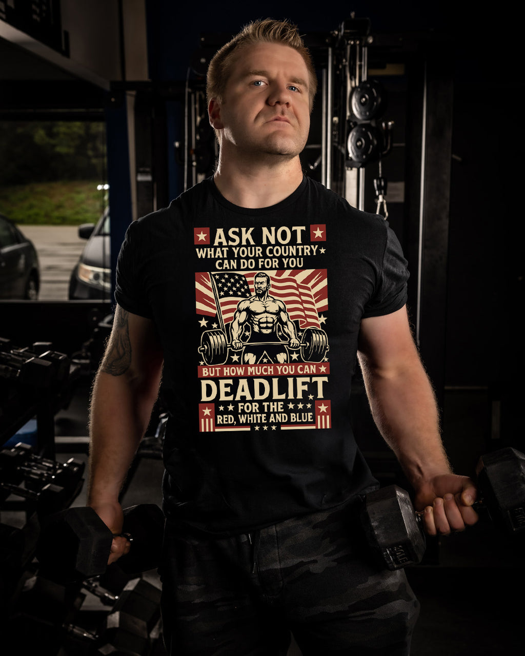 Ask Not Gym Shirt | Deadlift For The Red, White & Blue | American Strength Colle image 1
