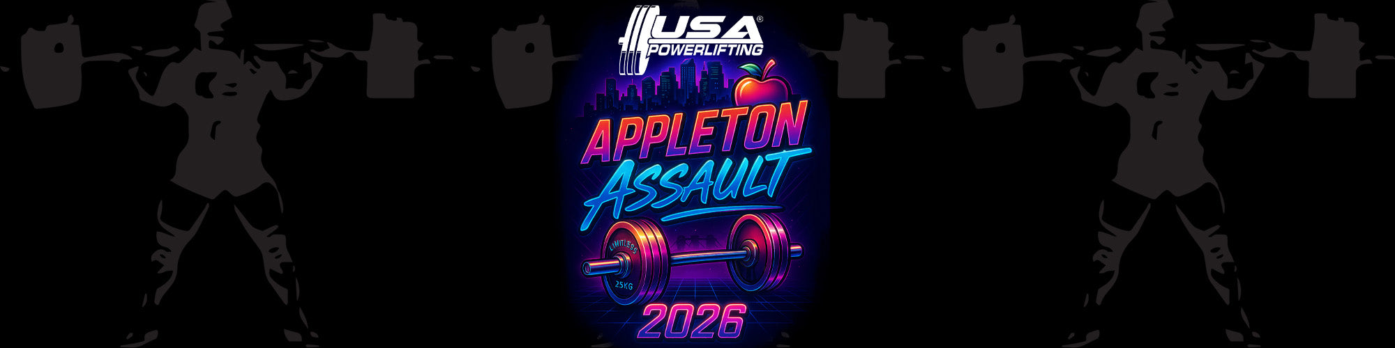 Appleton Assault 2026 fitness event poster with silhouettes of people lifting weights.