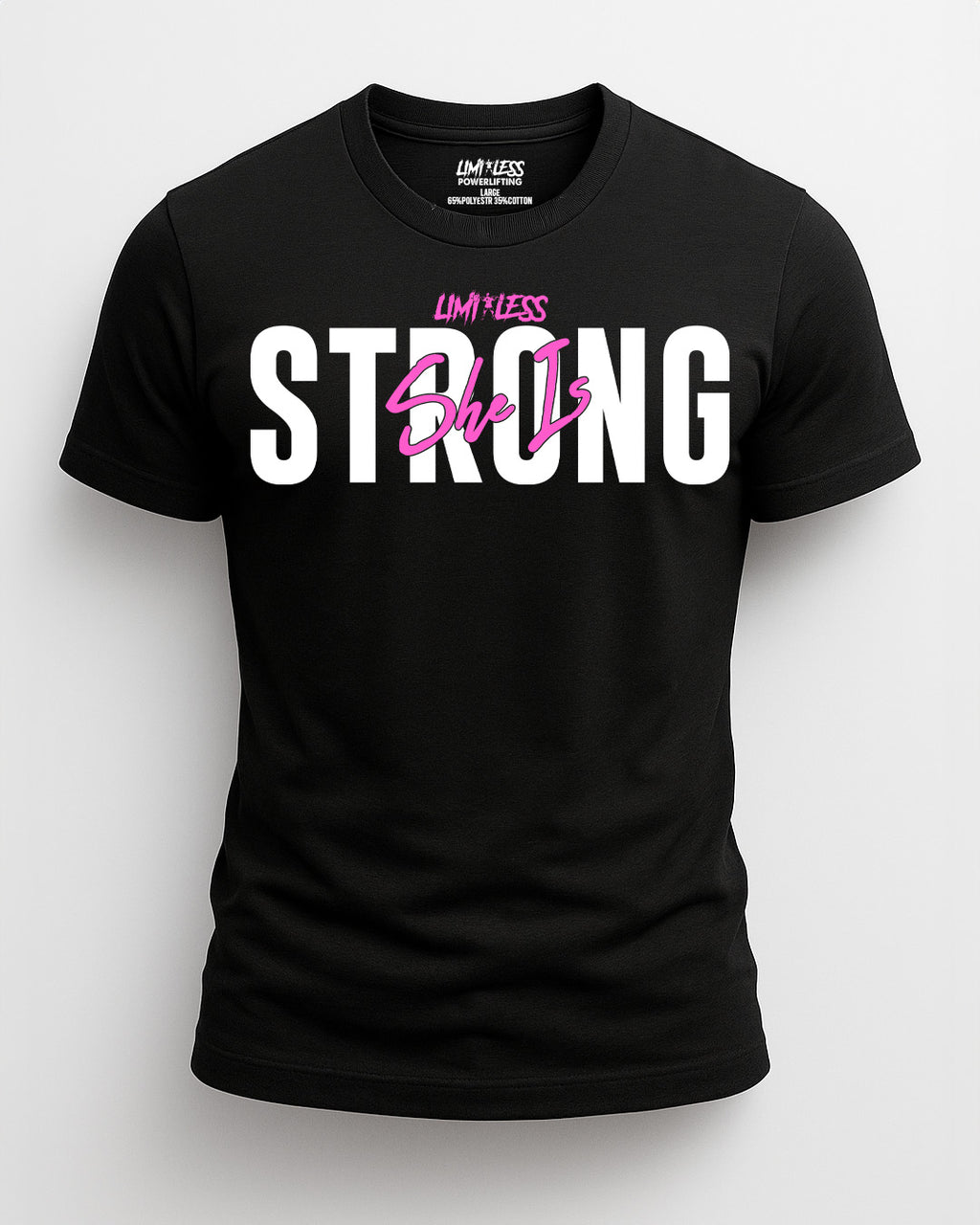 She Is Strong Shirt | Limitless Powerlifting Women’s Gym Tee | Motivational Fitn image 0