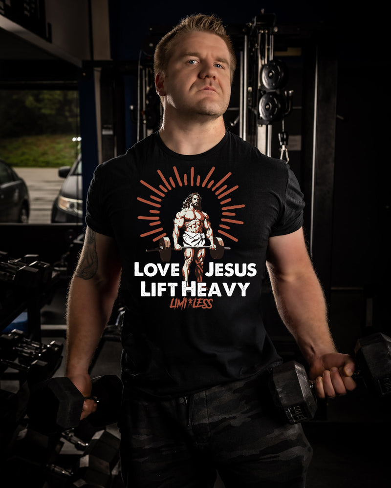 Love Jesus Lift Heavy Shirt | Christian Gym Tee | Faith & Fitness Workout Shirt image 2