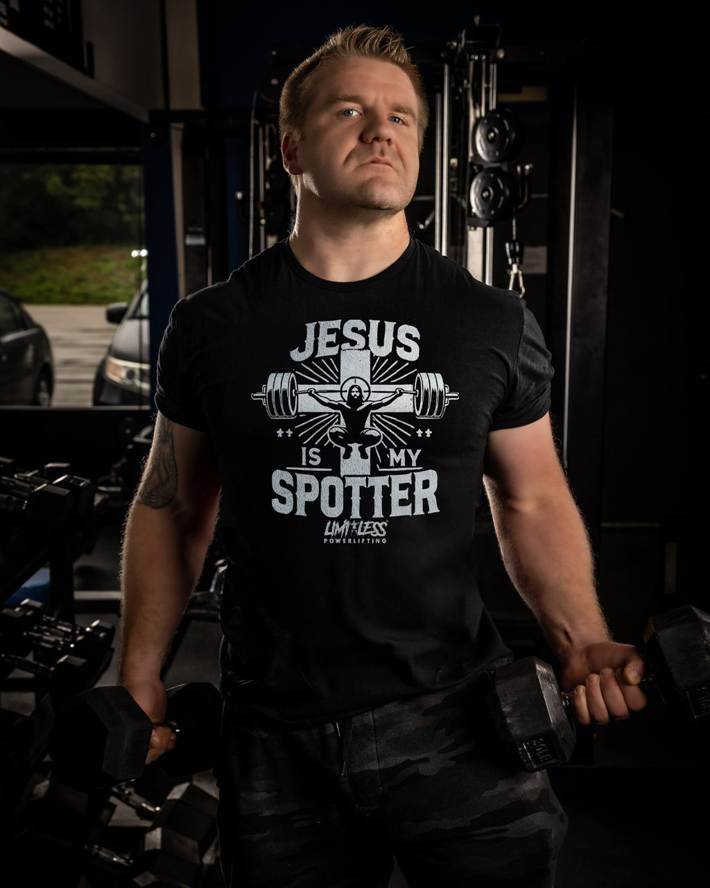 Jesus Is My Spotter Shirt | Christian Powerlifting Shirt | Faith and Fitness Gym image 2