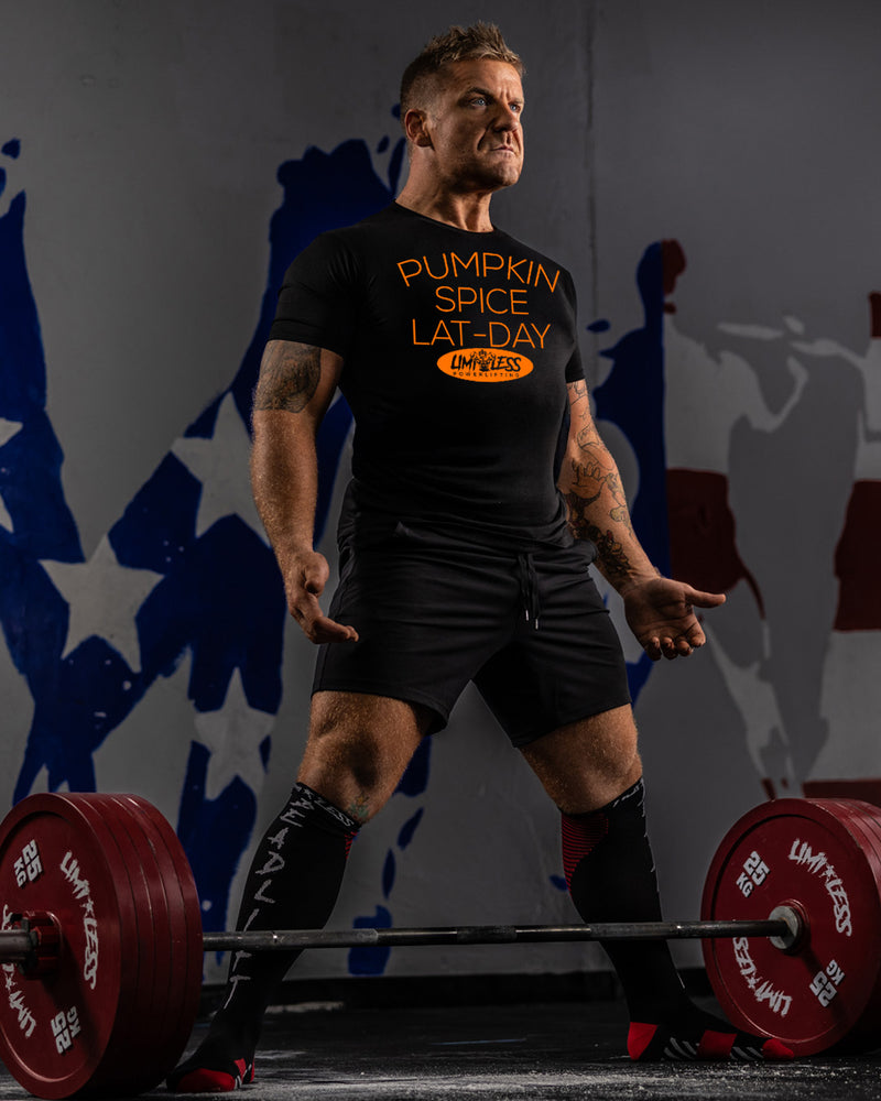 Pumpkin Spice Lat-Day Shirt | Limitless Powerlifting Gym Tee | Funny Fall Workou image 2