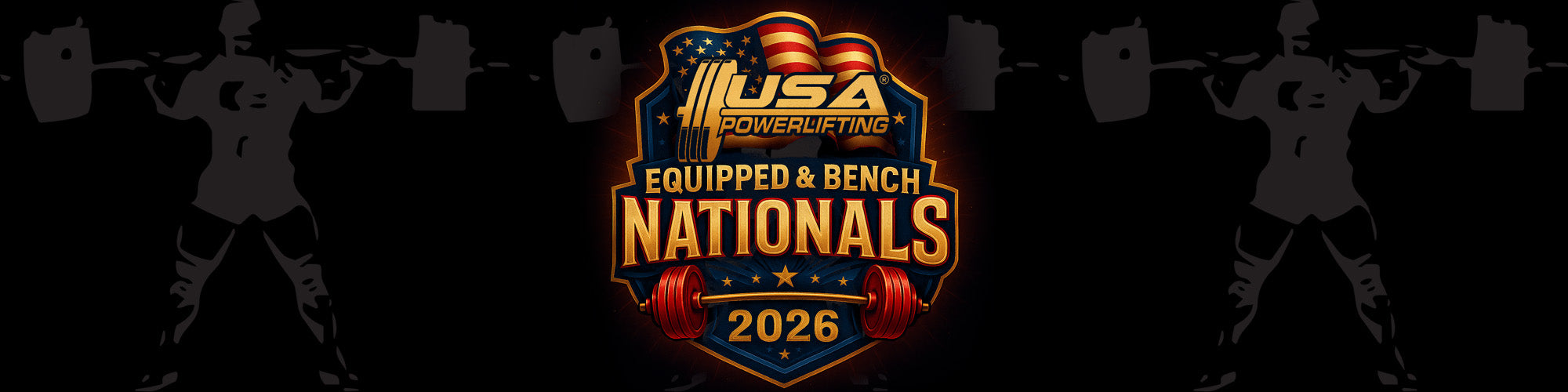 Promotional graphic for the 2026 USA Powerlifting Equipped and Bench Nationals with silhouettes of powerlifters lifting weights.