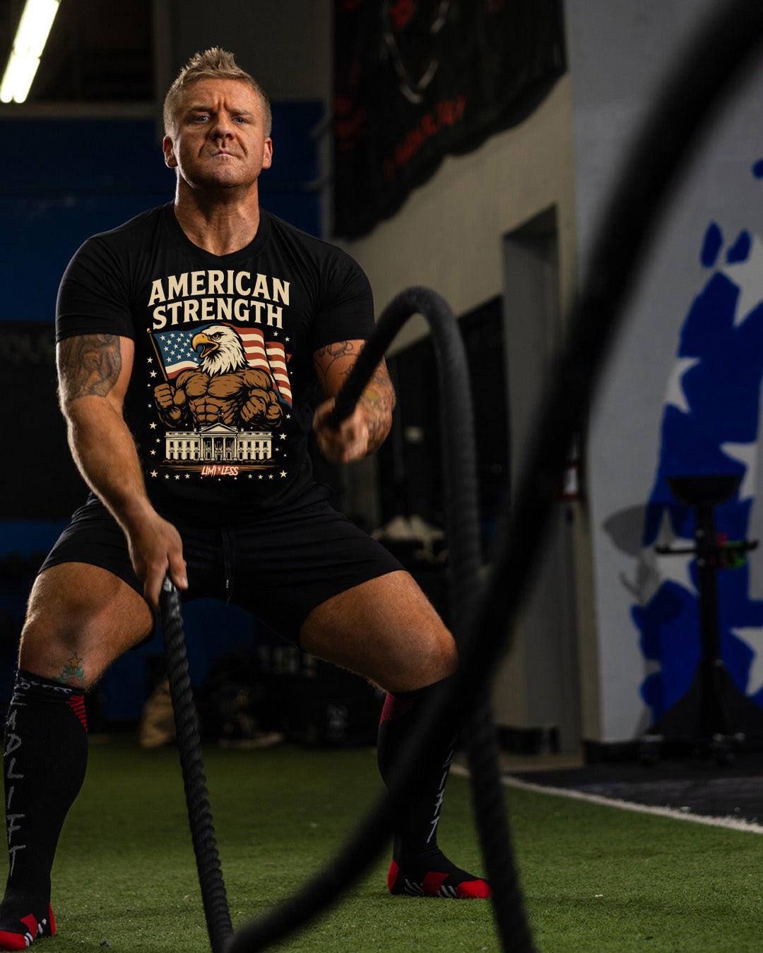 American Strength Gym Shirt | Limitless Powerlifting Patriotic Workout Tee | USA image 3