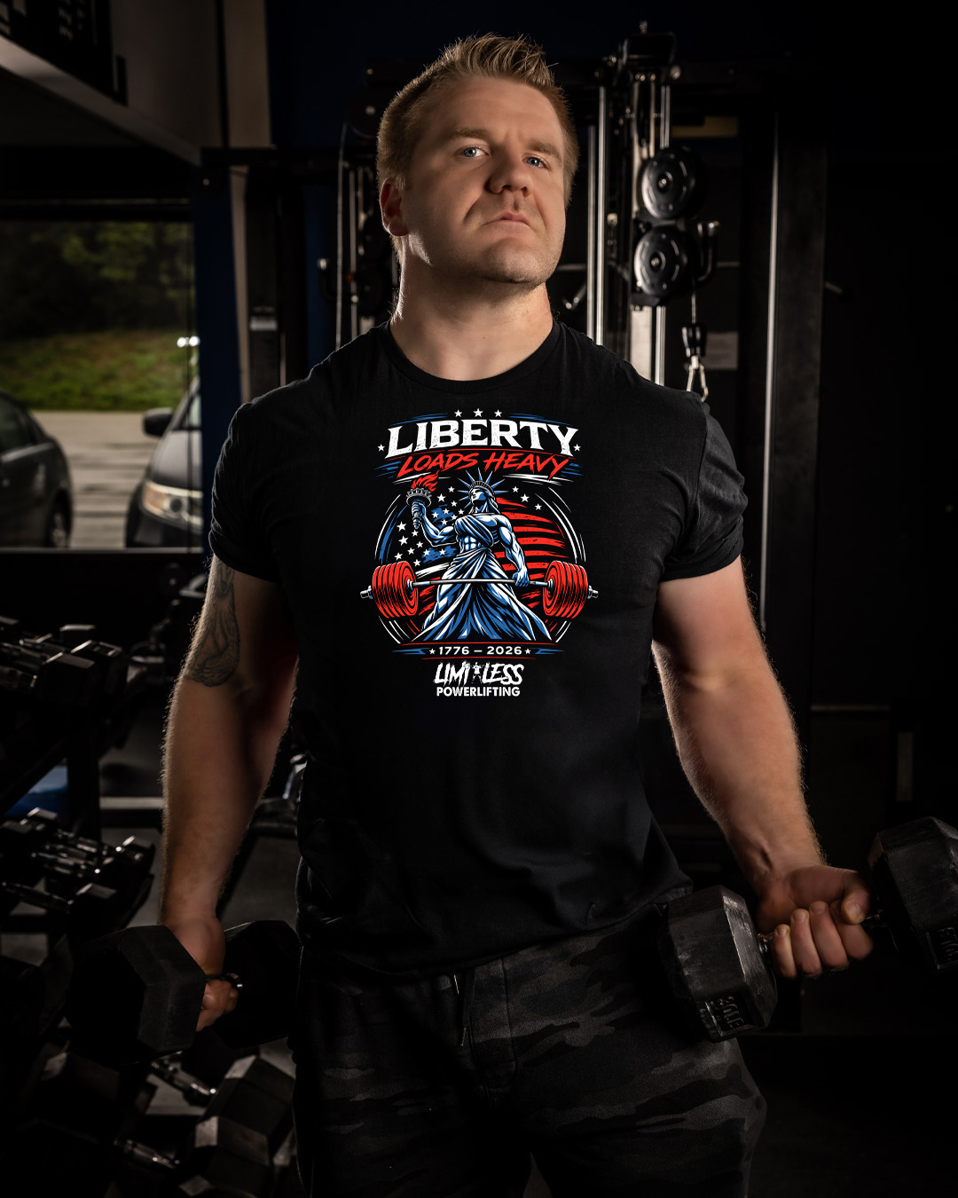 Liberty Loads Heavy – Patriotic Powerlifting T-Shirt | Limitless Powerlifting