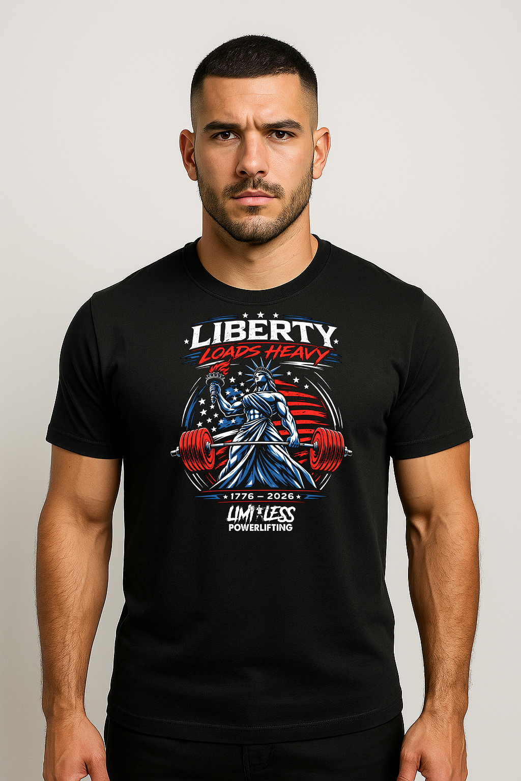 Liberty Loads Heavy – Patriotic Powerlifting T-Shirt | Limitless Powerlifting