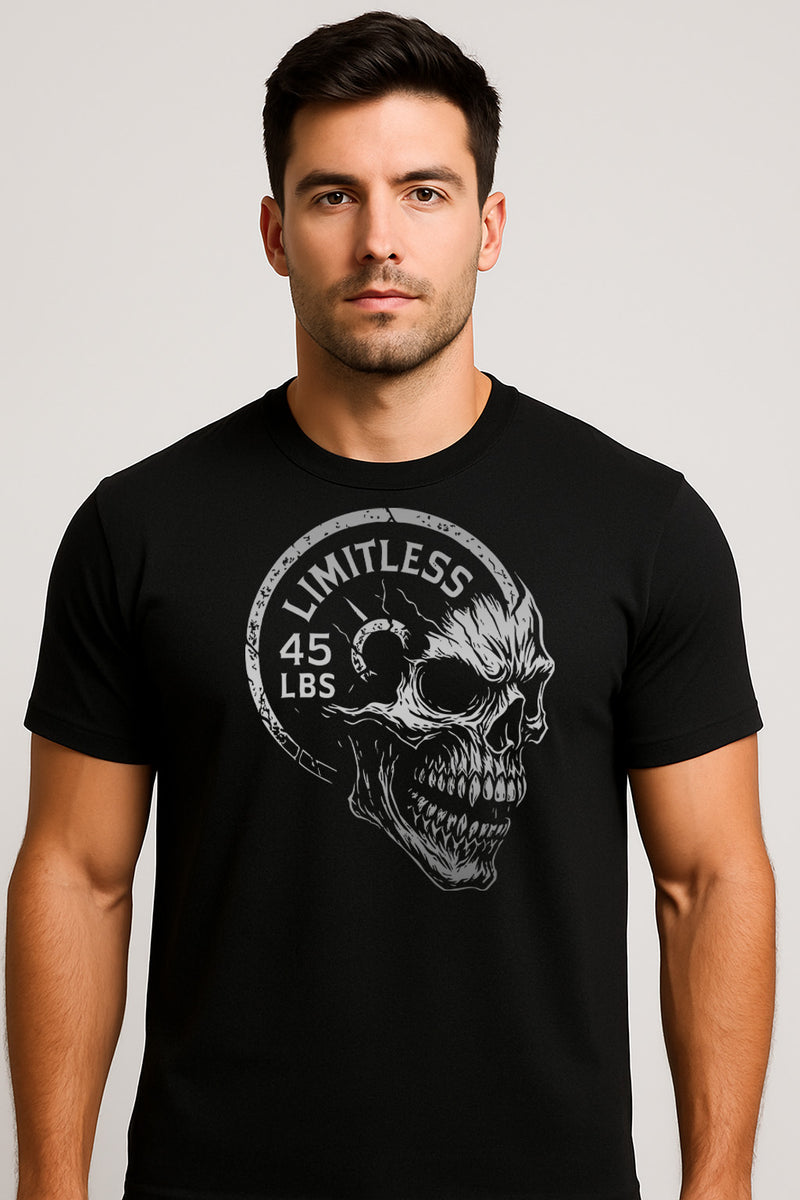 Limitless Skull 45lb Plate Shirt — Hardcore Gym & Deadlift Tee