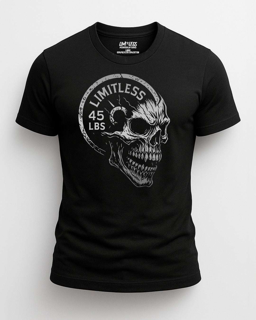 Limitless Skull 45lb Plate Shirt — Hardcore Gym & Deadlift Tee