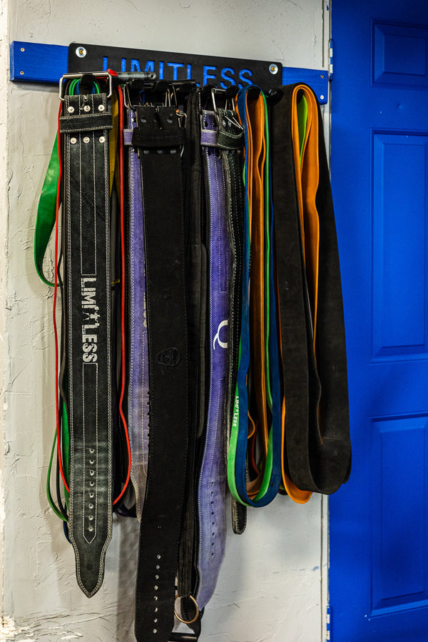 Fitness bands neatly organized on wall rack