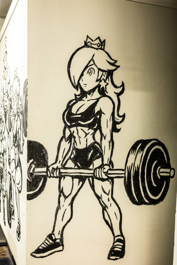 Female cartoon rosalina mario lifter mural holding barbell