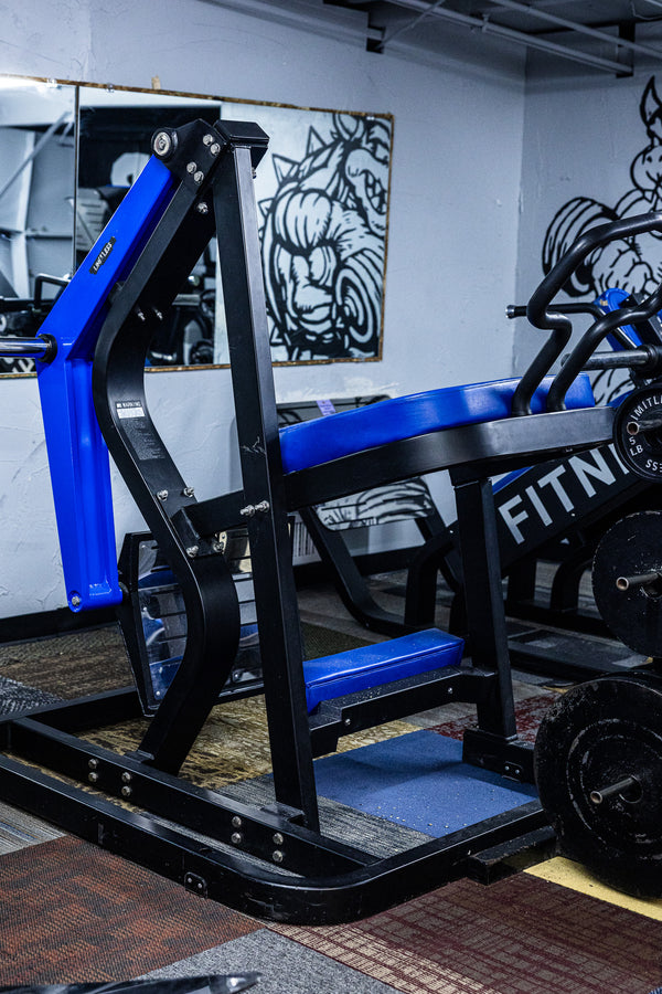 Blue power machine front-facing angle