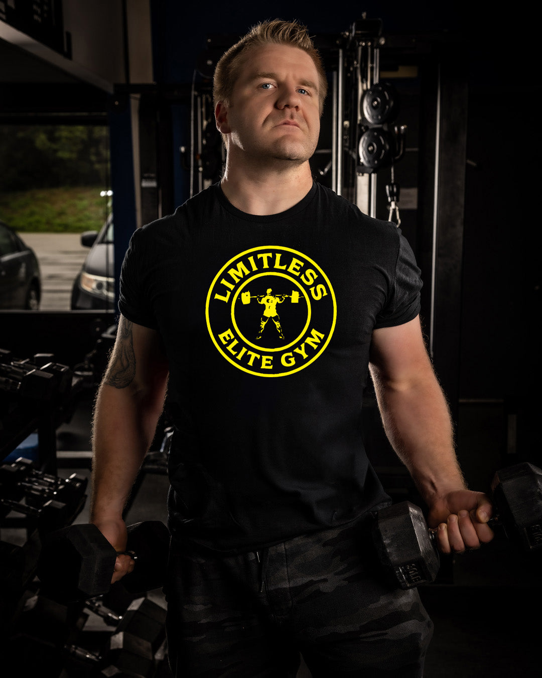 Limitless Elite Gym Gold Emblem Shirt — Strength Training Tee