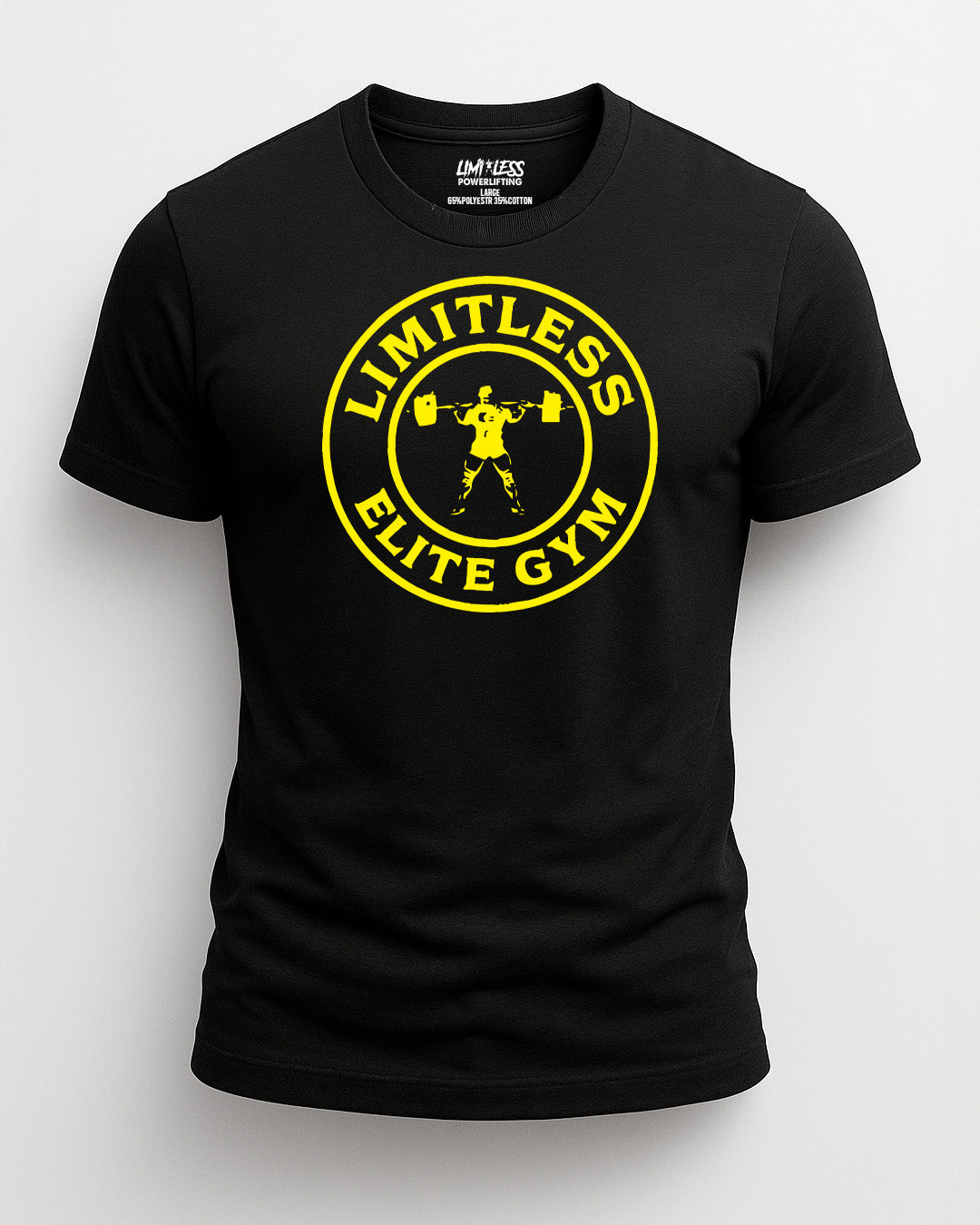 Limitless Elite Gym Gold Emblem Shirt — Strength Training Tee