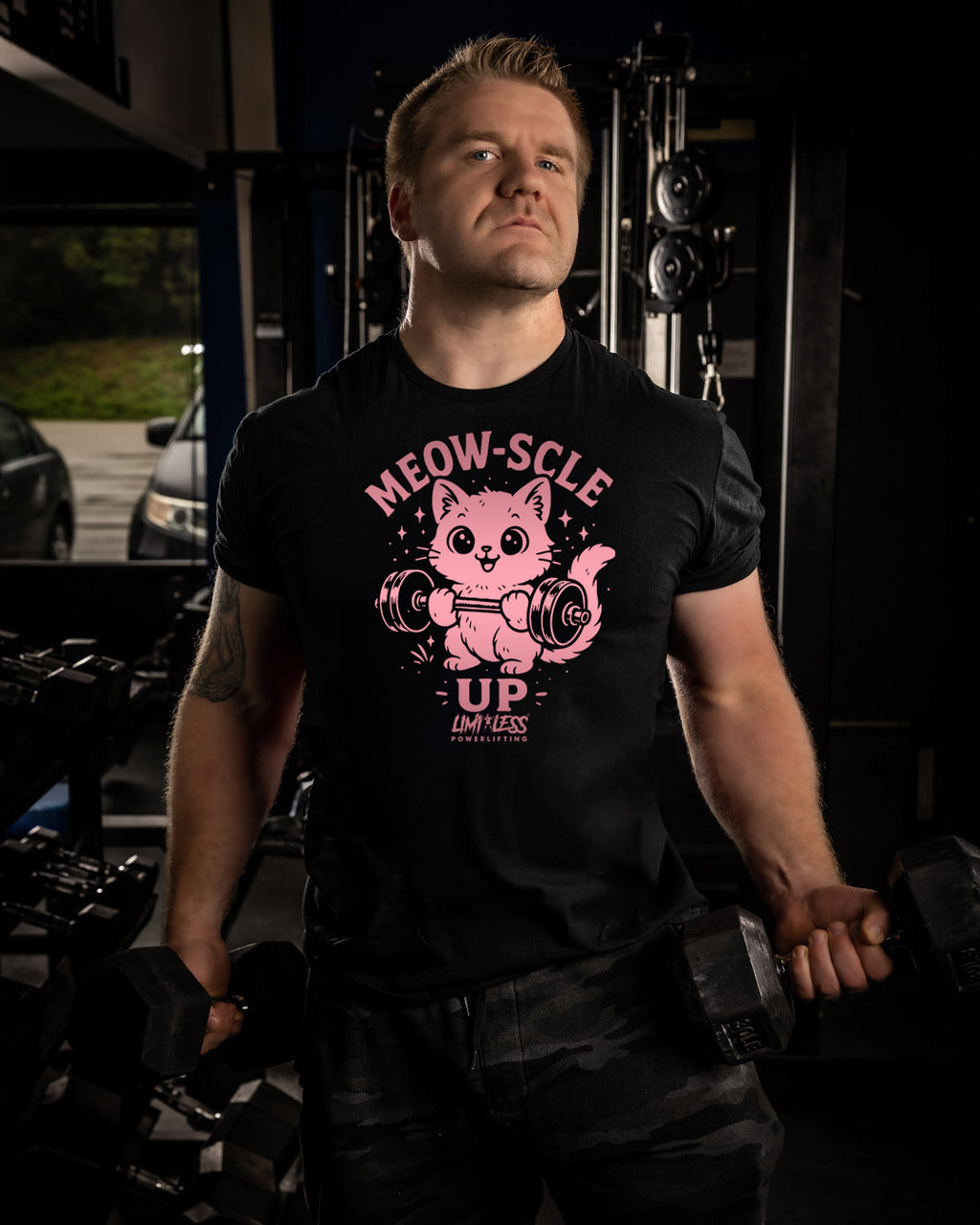 Meow-Scle Up Cute Cat Gym Shirt — Barbell Kitty Lifting Tee by Limitless