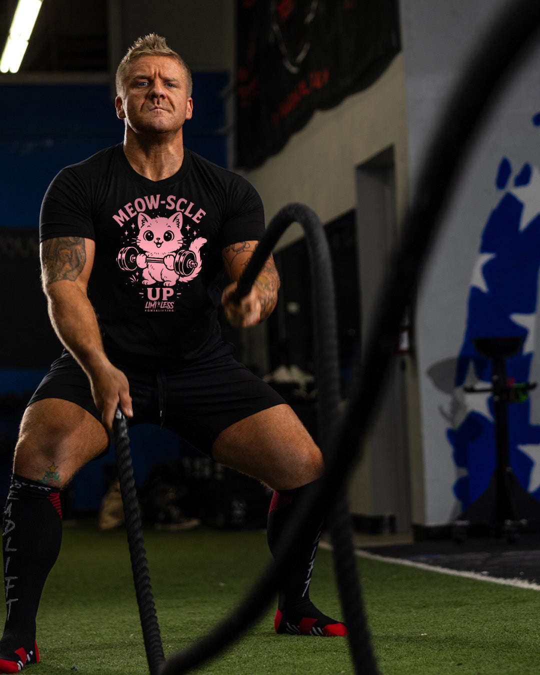 Meow-Scle Up Cute Cat Gym Shirt — Barbell Kitty Lifting Tee by Limitless
