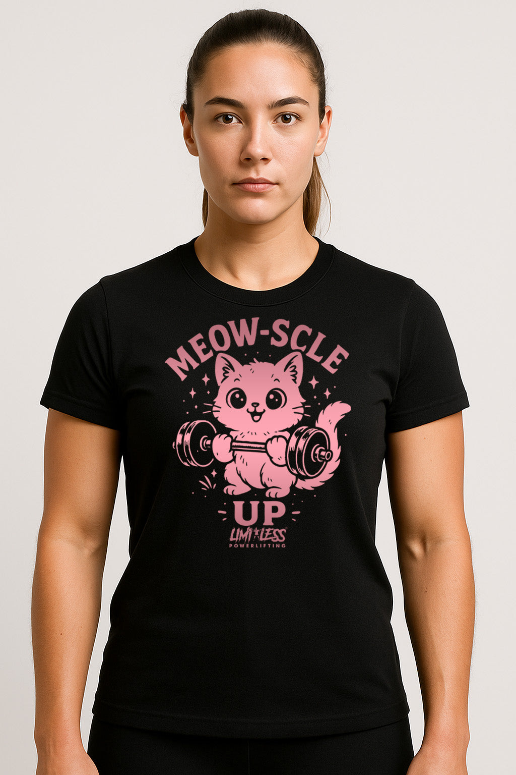 Meow-Scle Up Cute Cat Gym Shirt — Barbell Kitty Lifting Tee by Limitless
