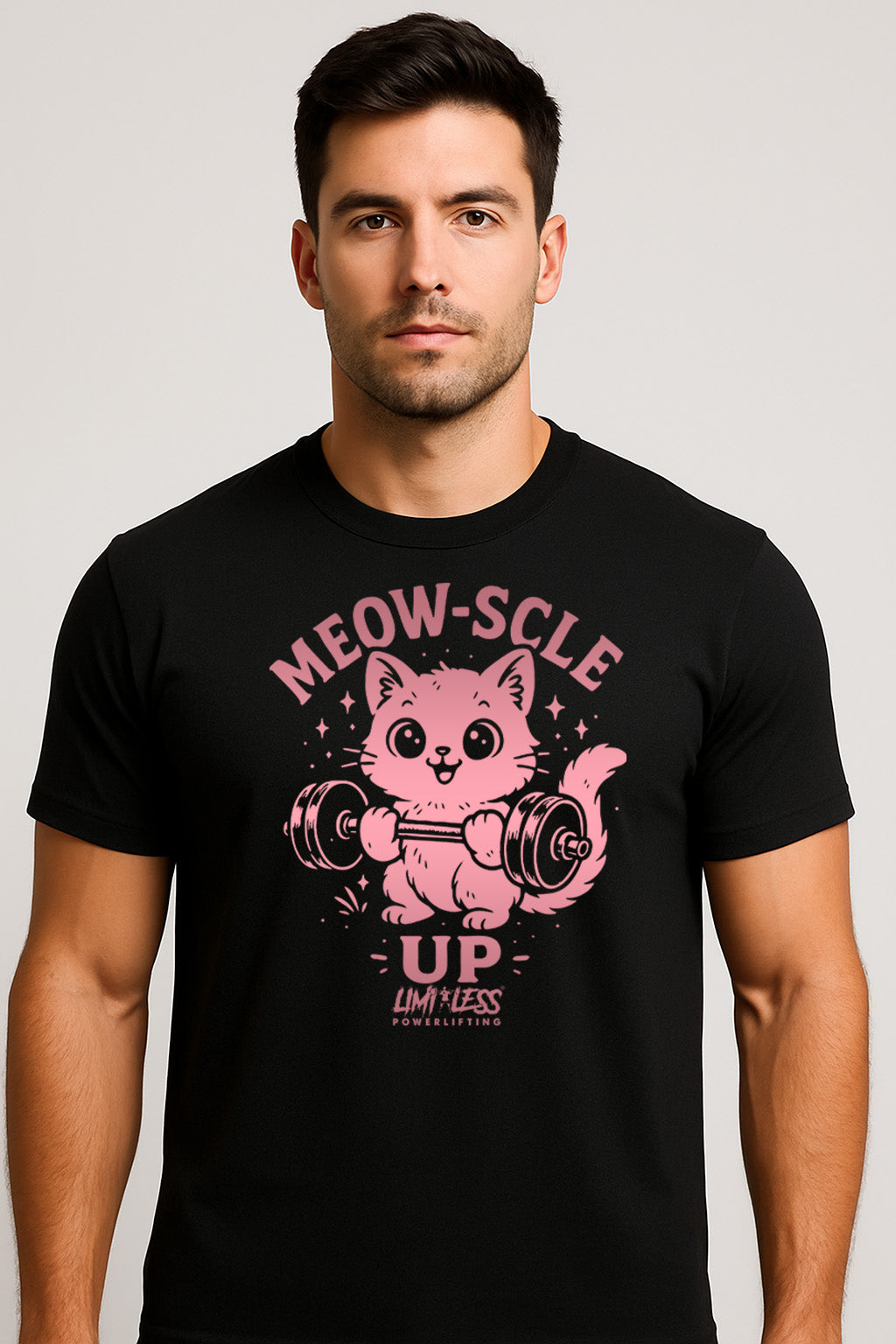 Meow-Scle Up Cute Cat Gym Shirt — Barbell Kitty Lifting Tee by Limitless
