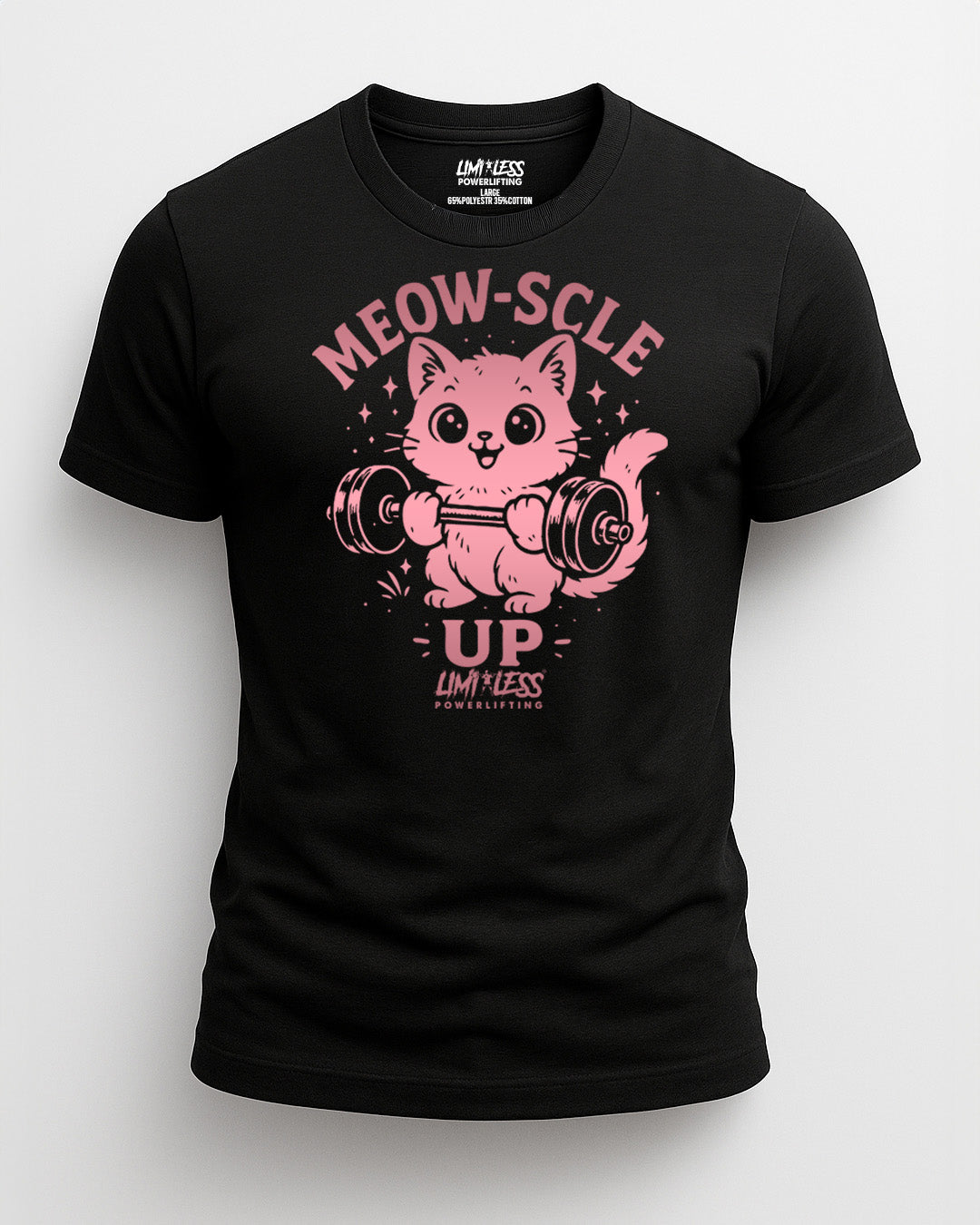 Meow-Scle Up Cute Cat Gym Shirt — Barbell Kitty Lifting Tee by Limitless