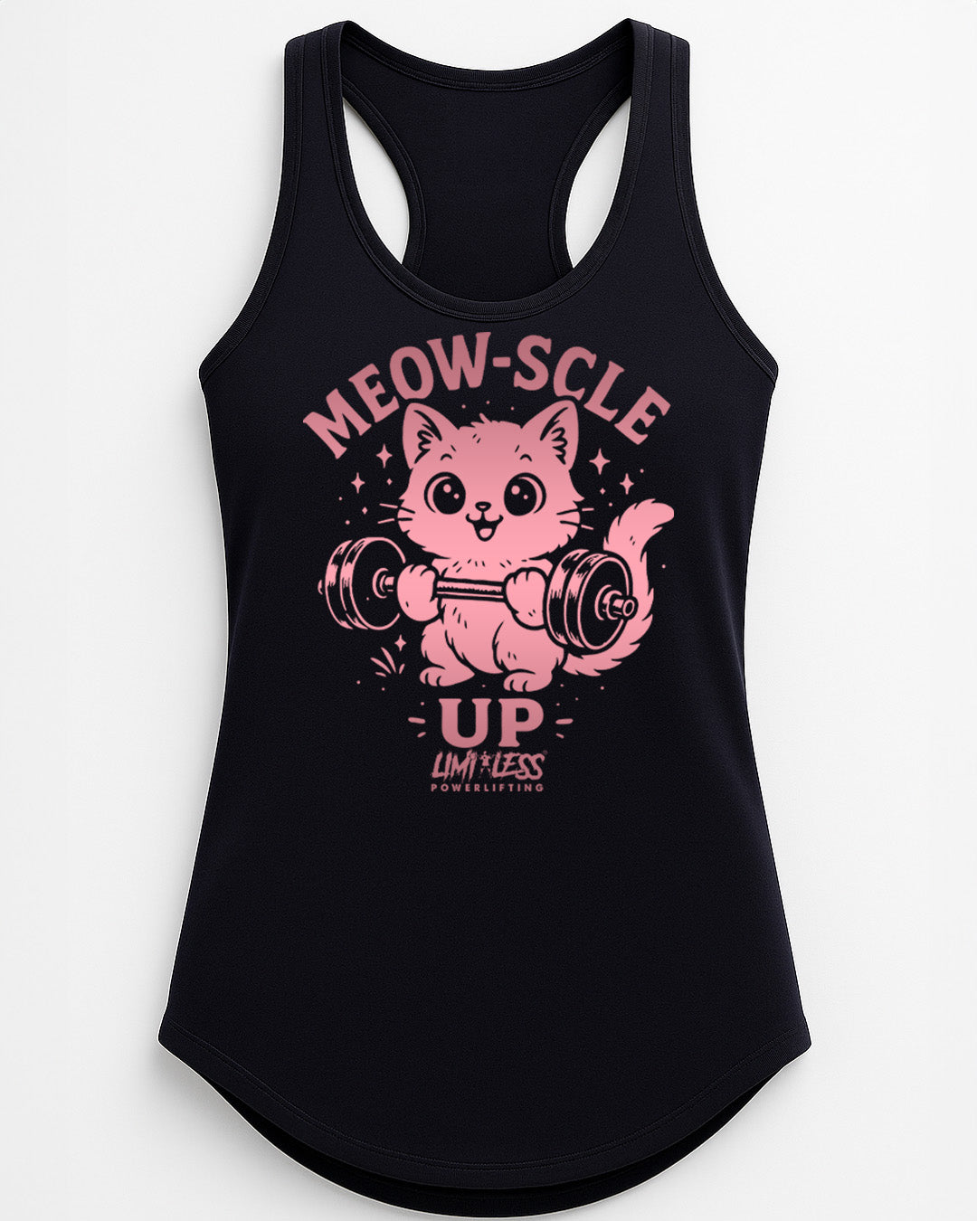 Meow-Scle Up Cute Cat Gym Shirt — Barbell Kitty Lifting Tee by Limitless
