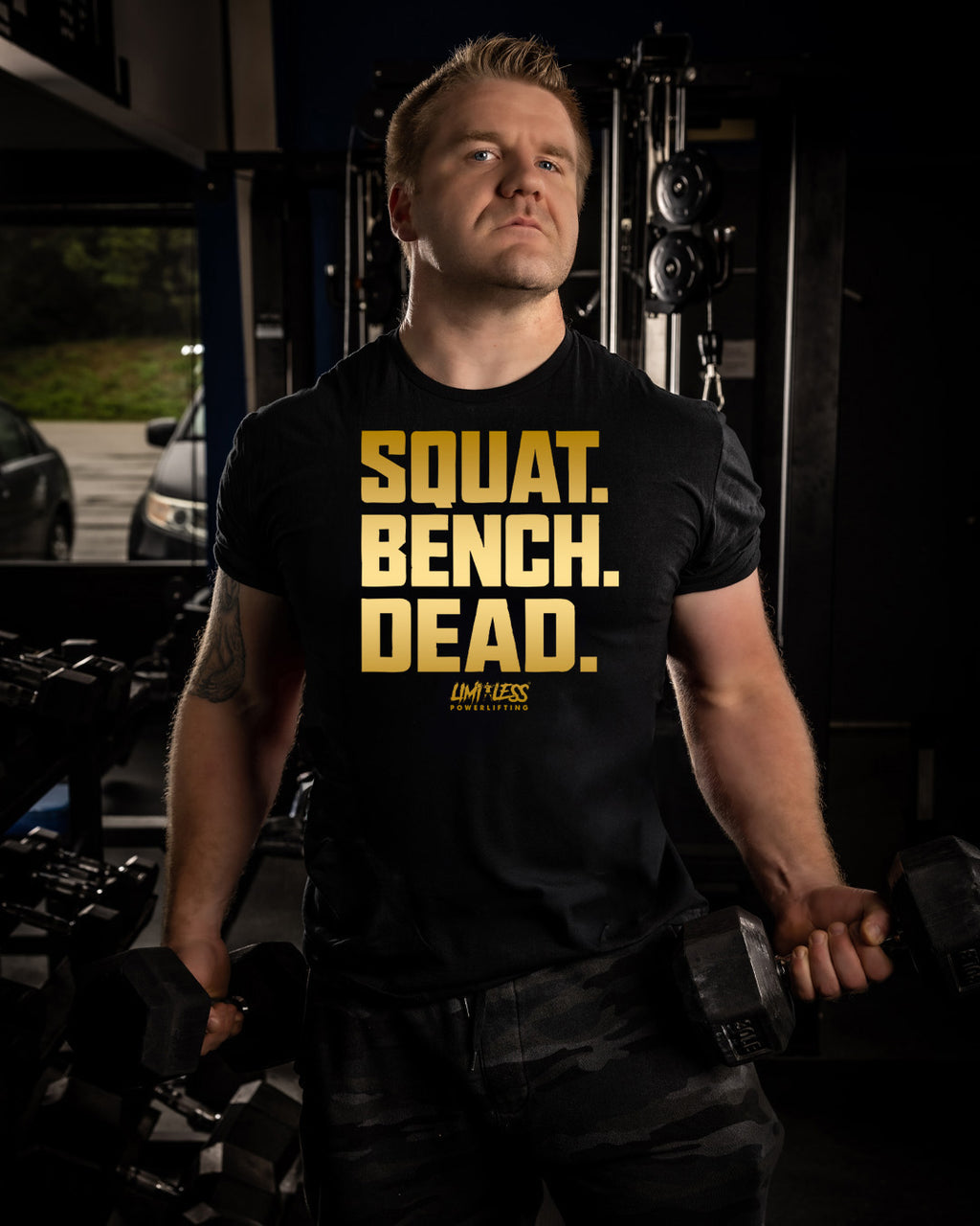 Squat Bench Dead Shirt — Gold Strength Training Tee