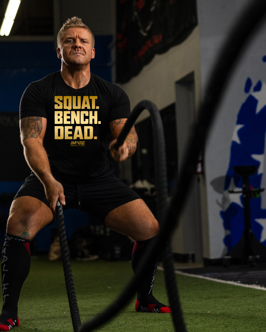 Squat Bench Dead Shirt — Gold Strength Training Tee