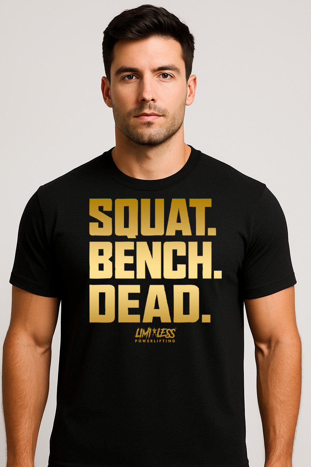 Squat Bench Dead Shirt — Gold Strength Training Tee