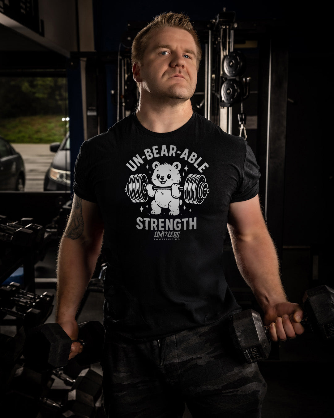 Un-Bear-Able Strength Gym Shirt — Cute Barbell Bear Design by Limitless