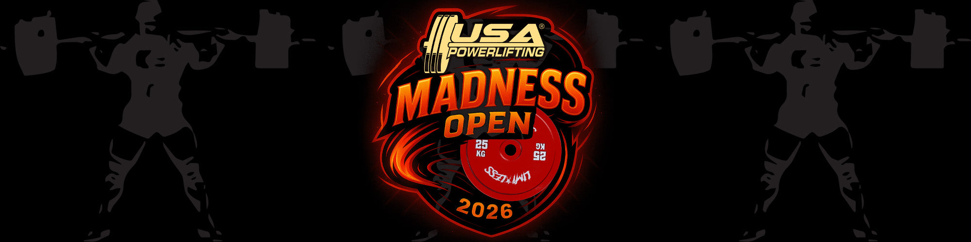 Logo for the USA Powerlifting Madness Open 2023 with silhouettes of powerlifters lifting weights on a dark background.
