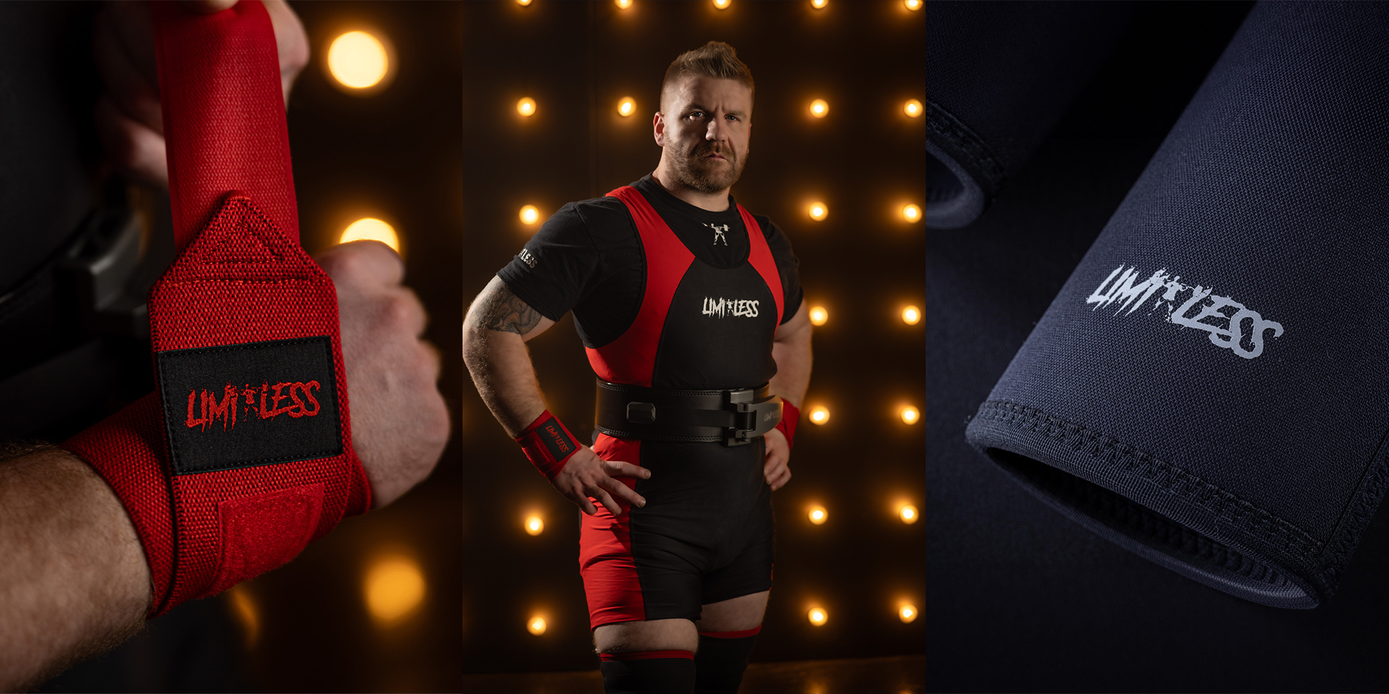 Person wearing red and black wrestling attire with 'Lifting Without Limits' branding, surrounded by glowing lights.