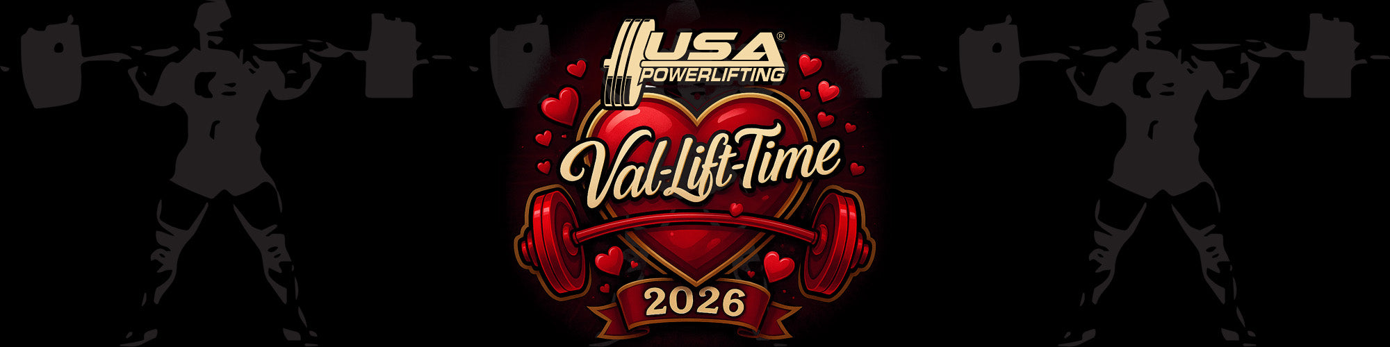 Promotional banner for USA Powerlifting Val Lifetime 2026 with silhouettes of weightlifters lifting weights.