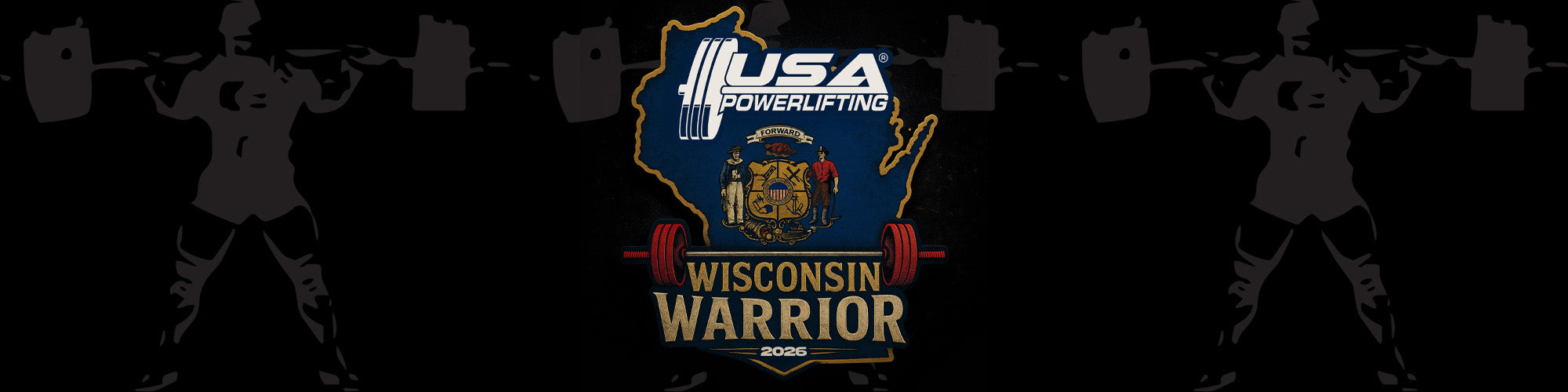 USA Powerlifting Wisconsin Warrior logo with silhouettes of powerlifters lifting weights on a dark background.